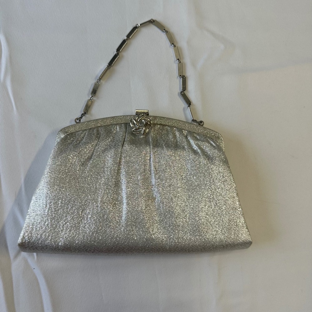 Vintage HL Silver Metallic Evening Clutch Bag USA Made Formal Prom Wedding Clasp